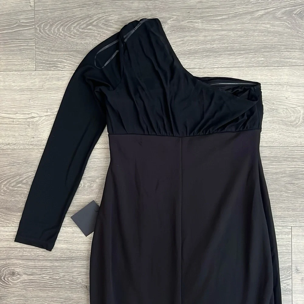 Lulus Stunning Essence One Shoulder Mermaid Maxi Dress Large Black Slit Mesh NWT - Picture 11 of 12